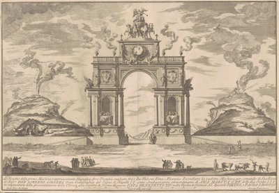 De Prima Macchina voor de Chinea van 1756: Een Triomfboog tussen de Etna en de Vesuvius door after Paolo Posi Giuseppe Pozzi