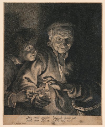 Oude Vrouw en een Jongen met Kaarsen door after Peter Paul Rubens