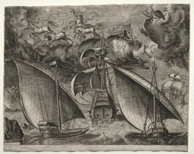 Zeilschepen: Twee Galeien die Achter een Gewapende Driemaster Varen met Phaeton en Jupiter in de Lucht door after Pieter Bruegel