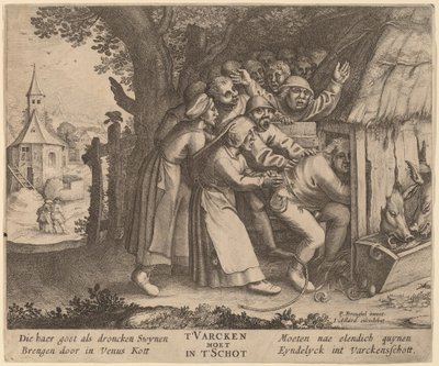 De Dronkaard in de Varkensstal Geduwd door after Pieter Bruegel the Elder