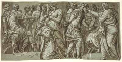 De familie van Darius voor Alexander en een scène met gevangenen; van de gevel van het Palazzo Milesi door after Polidoro da Caravaggio