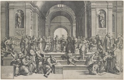 De school van Athene. Uitgegeven 1550 door after Raphael
