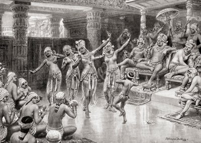 Een 19e-eeuwse kunstenaarsimpressie van Gautamiputra Satakarani die zijn overwinning op Nahapana viert, uit Hutchinsons Geschiedenis van de Naties, pub.1915 door after Robert Dudley
