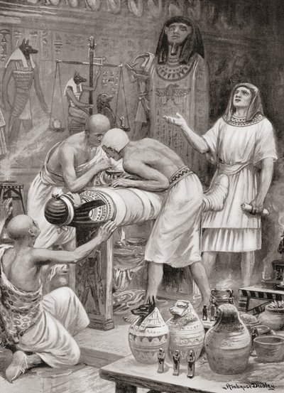 Het balsemen van een lichaam in het oude Egypte, uit Hutchinsons Geschiedenis van de Naties, pub.1915 door after Robert Dudley