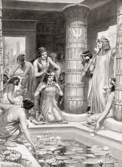 Gasten die aankomen voor het diner in het oude Egypte kregen water om hun voeten en handen te wassen, werden gezalfd met geurende olie en gekroond met bloemenkransen, uit Hutchinsons Geschiedenis van de Naties, pub door after Robert Dudley