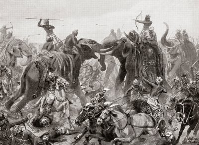 De nederlaag van Pulakeshin Chalukhya door Narasimhavarman I bij Badami in 642 AD, uit Hutchinsons Geschiedenis van de Naties, pub.1915 door after Robert Dudley