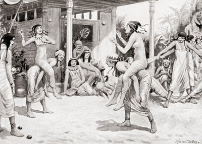 Jonge meisjes spelen bal in de vorm van een dans in het oude Egypte, uit Hutchinsons Geschiedenis van de Naties, pub.1915 door after Robert Dudley