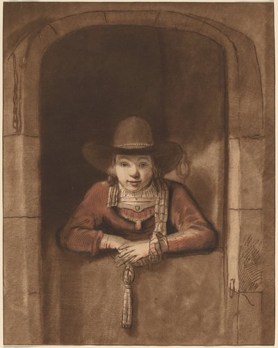Jongen leunend over een lagere deur door after Samuel van Hoogstraten Cornelis Ploos
