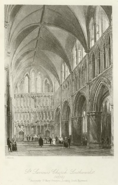 St Saviours Kerk, Southwark, 1850, vroeger St Mary Overyes, kijkend naar het zuidoosten door after Thomas Allom