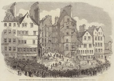 Het verwijderen van de doden en gewonden uit het ingestorte huis in de hoofdstraat, Edinburgh door after Thomas Harrington Wilson