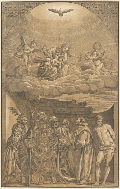 De Maagd en het Kind in de Wolken met Zes Heiligen door after Titian John Baptist Jackson