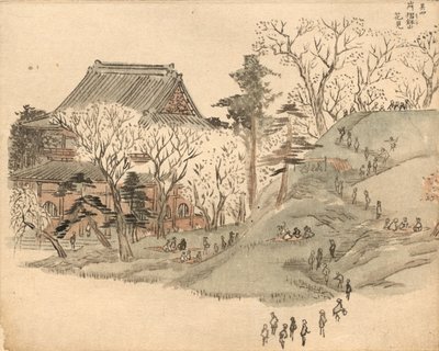 Kersenbloesem bekijken bij de tempel op Mt. Suribachi uit Volume 5 van Prentenboek van de Souvenirs van Edo (Ehon Edo miyage) door after Utagawa Hiroshige