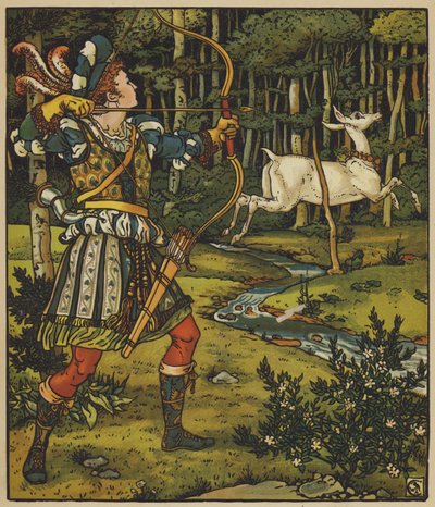 Prins Guerrier achtervolgt het hert in het bos door after Walter Crane