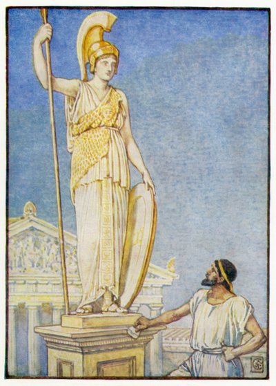 Het beeld van de godin was kolossaal door after Walter Crane