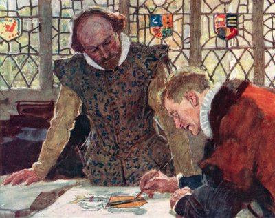Shakespeare bij het Heralds College op Pauls Wharf Hill om de wapens van zijn vader te bespreken door after William Hatherell
