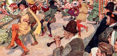 Shakespeare kijkt naar een Morris-dans bij de meiboom in Cornhill, Londen door after William Hatherell