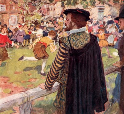 Shakespeare kijkt naar jongens en meisjes die Prisoners Base spelen bij Temple Bar, Londen door after William Hatherell