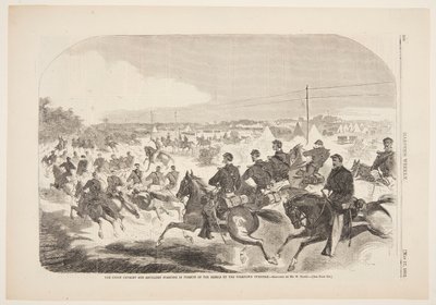 De cavalerie en artillerie van de Unie beginnen de achtervolging van de rebellen op de Yorktown Turnpike door after Winslow Homer