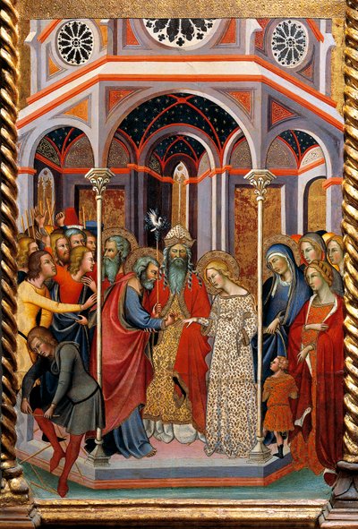 Huwelijk van de Maagd, detail van Altaarstuk met Verhalen van de Maagd door also Manfredi de Battilori Bartolo di Fredi