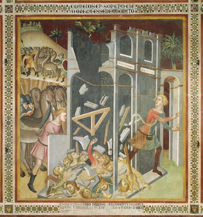 De vernietiging van het huis van Job en de diefstal van zijn kudde door de Sabeeërs, 1356-6 door also Manfredi de Battilori Bartolo di Fredi