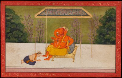 "Indra aanbidt de olifantenhoofdgod Ganesha, gezeten op een troon. Folio uit de Tehri Garhwal Serie van de Gita Govinda door anonymous 