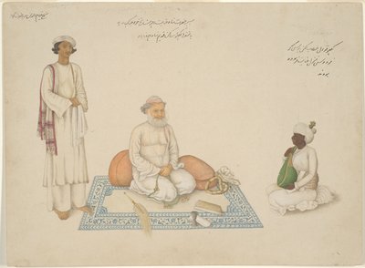 Shah Inayat Allah van Sind met zijn muzikant Makkhu en zijn assistent Shaykh Qiyam al-Din, pagina uit het Fraser Album door anonymous 