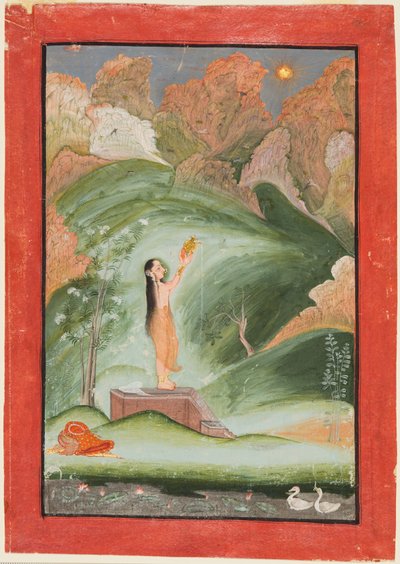 Een vrouw die de opkomende zon aanbidt (Surya Puja) door attributed to Chokha