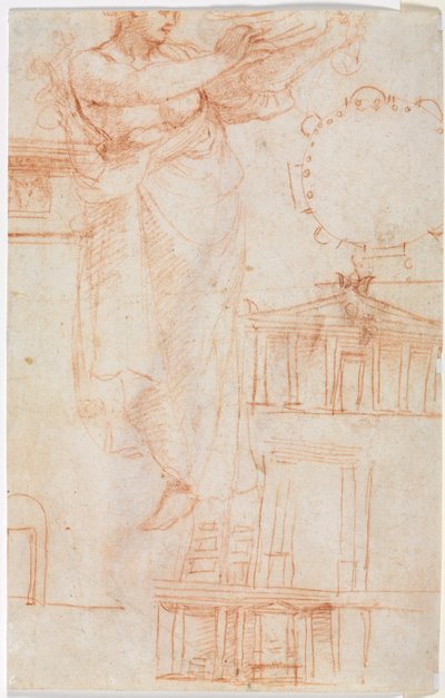 Een Gedrapeerde Vrouwelijke Figuur (mogelijk een Amazone) en Architecturale Studies (verso) door attributed to Correggio
