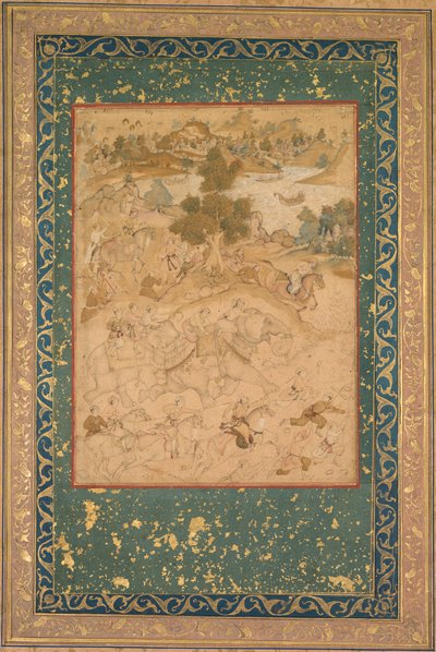 Akbar houdt toezicht op het vangen van wilde olifanten in Malwa in 1564, schilderij 90 uit een Akbar-nama (Boek van Akbar) van Abu
