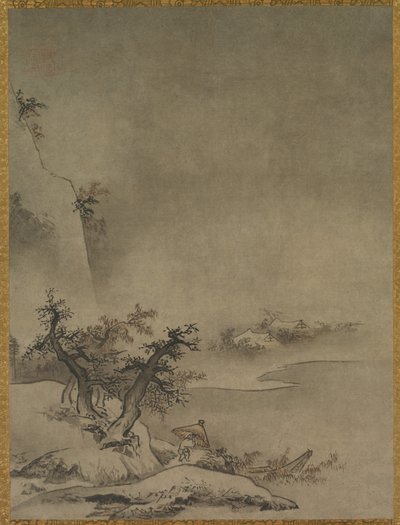 Chinese dienaar die in de regen loopt door attributed to Gakuō Zōkyū