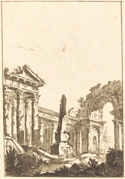 Capriccio met ruïnes en een obelisk door attributed to Jérôme Charles Bellicard