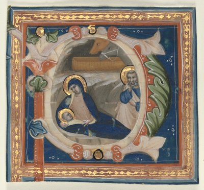 Geïllustreerde Initiaal (P) Uitgesneden uit een Graduale: De Geboorte door attributed to Lippo Vanni