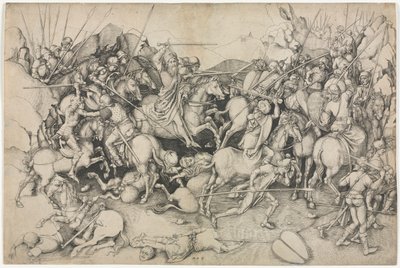 De slag van Sint Jacobus de Meerdere bij Clavijo door attributed to Martin Schongauer