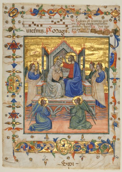 Blad uit een antifonarium: Kroning van de Maagd door attributed to Master of the Beffi Triptych