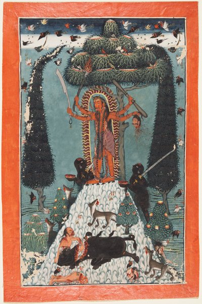 De Godin Kali Staand op een Bergtop door attributed to Master of the court of Mandi