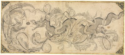 Draak in gebladerte met leeuwen- en fenikskoppen door attributed to Sahkulu