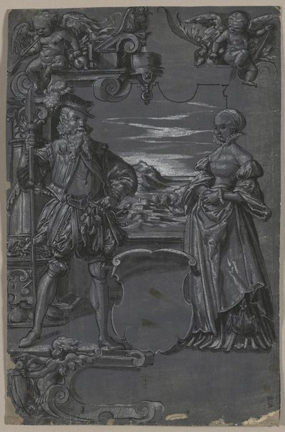 Ontwerp voor Glas-in-lood: Man en Vrouw in Architectonische Setting door attributed to Tobias Stimmer