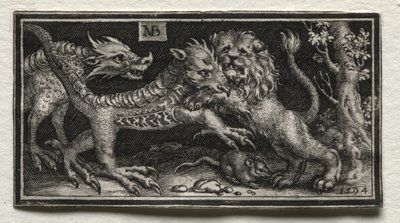 Leeuw vecht met twee beesten door attributed to Tobias Stimmer