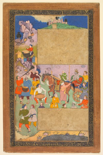 Een Voerman die door een Rotsachtig Landschap rijdt met een Entourage van Voetvolk en Muzikanten, pagina uit een Razm-nama (Boek der Oorlogen) aangepast van de Sanskriet Mahabharata en vertaald in het Perzisch door Mir Ghiyath al-Din Ali Qazvini, bekend al door attributed to Yusuf Ali