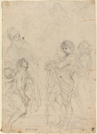 Madonna en kind met heiligen Gimignano, Johannes de Doper, George en Peter Martyr door called Guercino Giovanni Francesco Barbieri