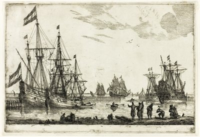 Vier zeilschepen in een golfbreker, uit dertien marinescènes door called Zeeman Reinier Nooms