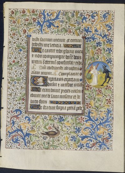 Blad uit een getijdenboek: Engel die een duivel achtervolgt (recto) door circle of Coëtivy Master