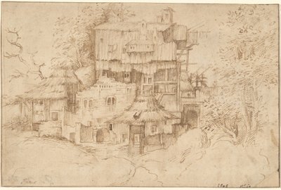 Een complex van rustieke huizen gebouwd over ruïnes door circle of Giorgione