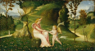 Venus en Cupido in een landschap door circle of Giorgione