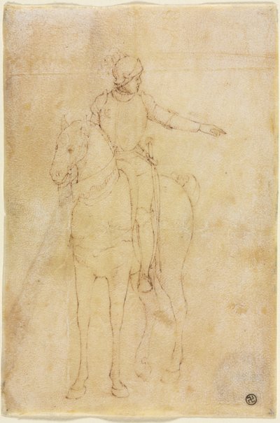 Gepantserde figuur te paard door circle of Vittore Carpaccio