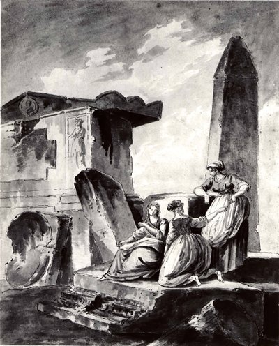 Drie jonge meisjes bij ruïnes, ca. 1790 door copy after Hubert Robert.