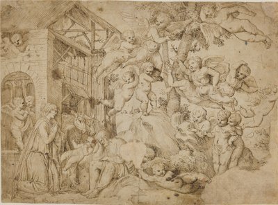De Aanbidding van het Christuskind met een koor van putti door dall