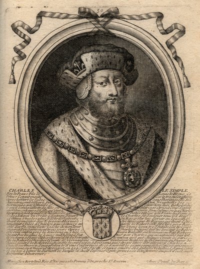 Portret van Karel III genaamd de Eenvoudige (879-929) koning van de Franken - KAREL III (879-929) - Karel de Eenvoudige - Koning van Frankrijk, 893-923 - gravure uit 