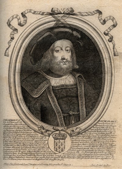 Portret van Childebert II (ca. 570 - 596), koning van Austrasië - Childebert II 570 tot 595 Merovingische koning van Austrasië - gravure uit 
