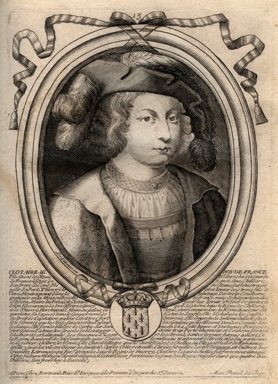 Portret van Clothaire III (652 - 673), Koning van Neustrië en Bourgondië - Chlothar III of Clotaire III, Koning van de Franken uit het huis van de Merovingen - gravure uit 